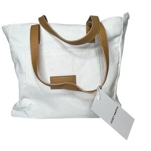 Cozy Earth white & tan canvas and faux leather tote bag NWT
